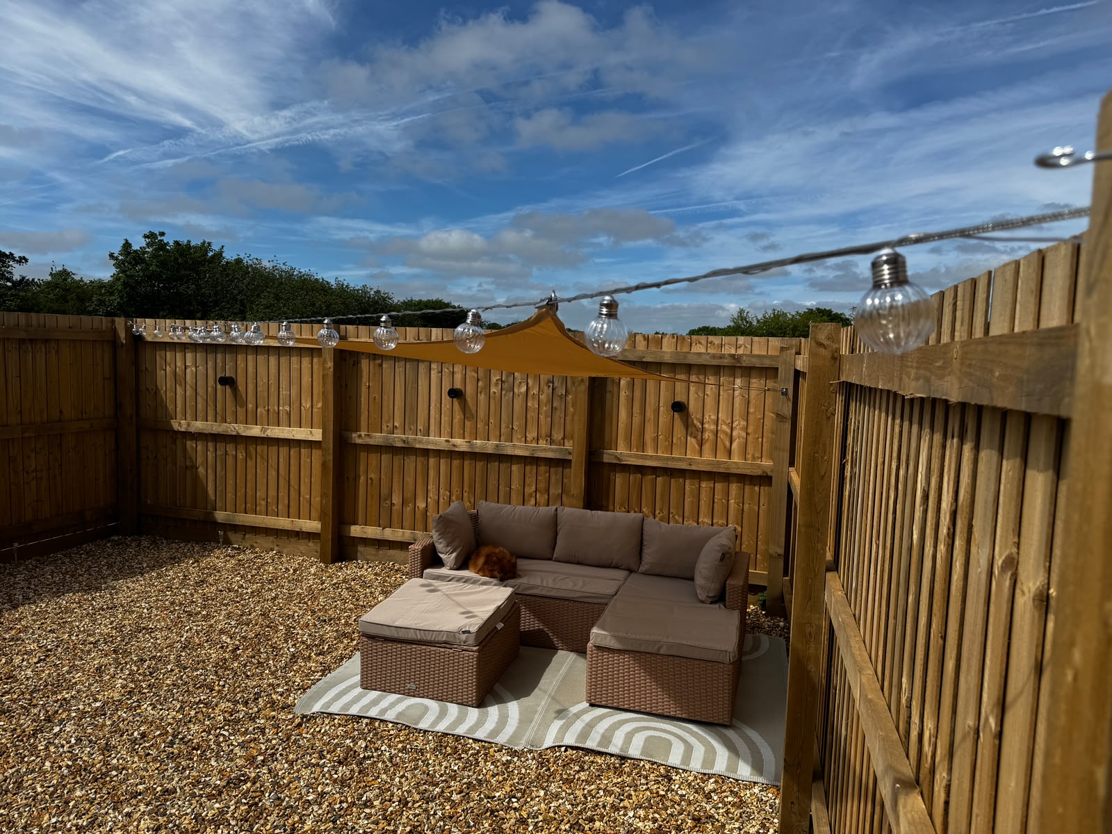 SPAN-KIT garden installation — wide angle view of string lights spanning full garden width